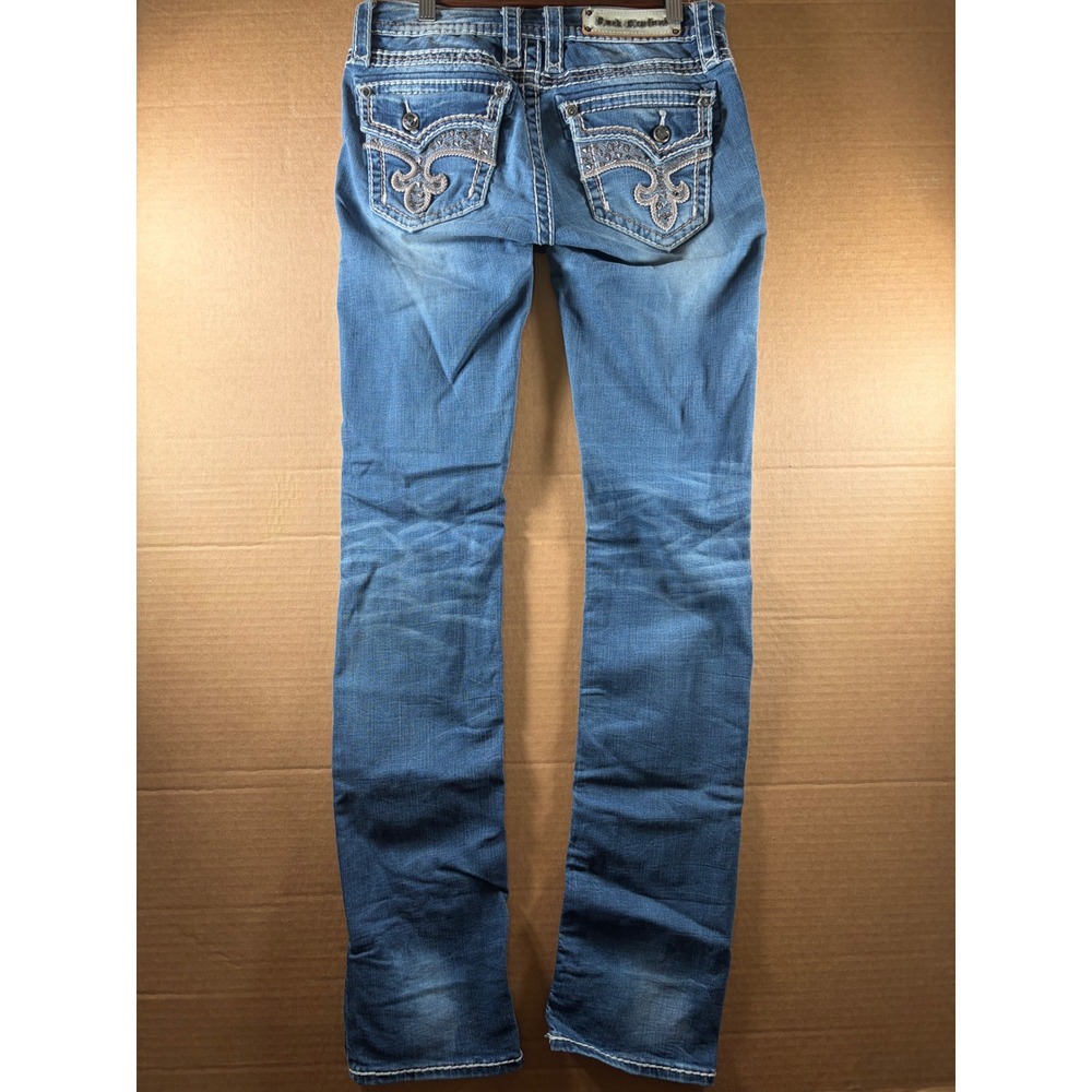 Rock Revival Avery Straight Jeans Womens 29 Blue Low Rise Stretch Flap Pocket